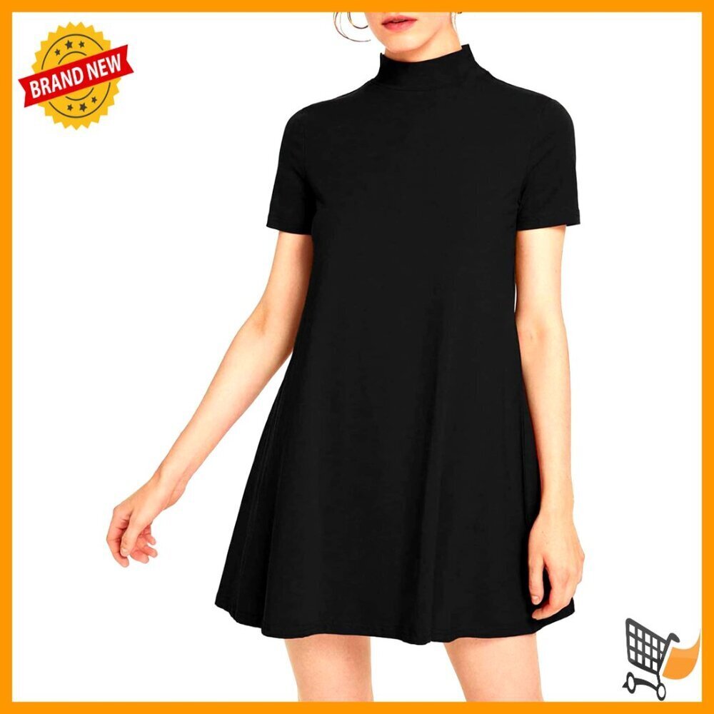 Mock Neck T-Shirt Dress Casual Short Sleeve Loose A-Line Swing Mini Dress